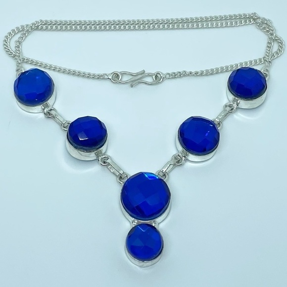 Sterling Silver Blue Faceted Gem Necklace – Artisan Made, 18” Statement - Picture 7 of 17